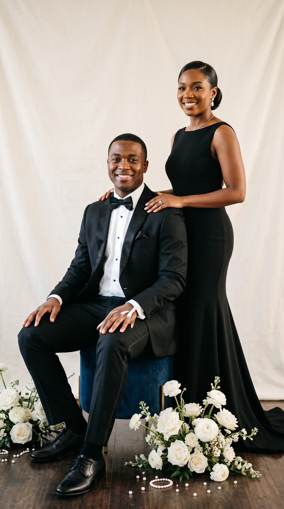Naomi standing beside Marcus, both in black tie